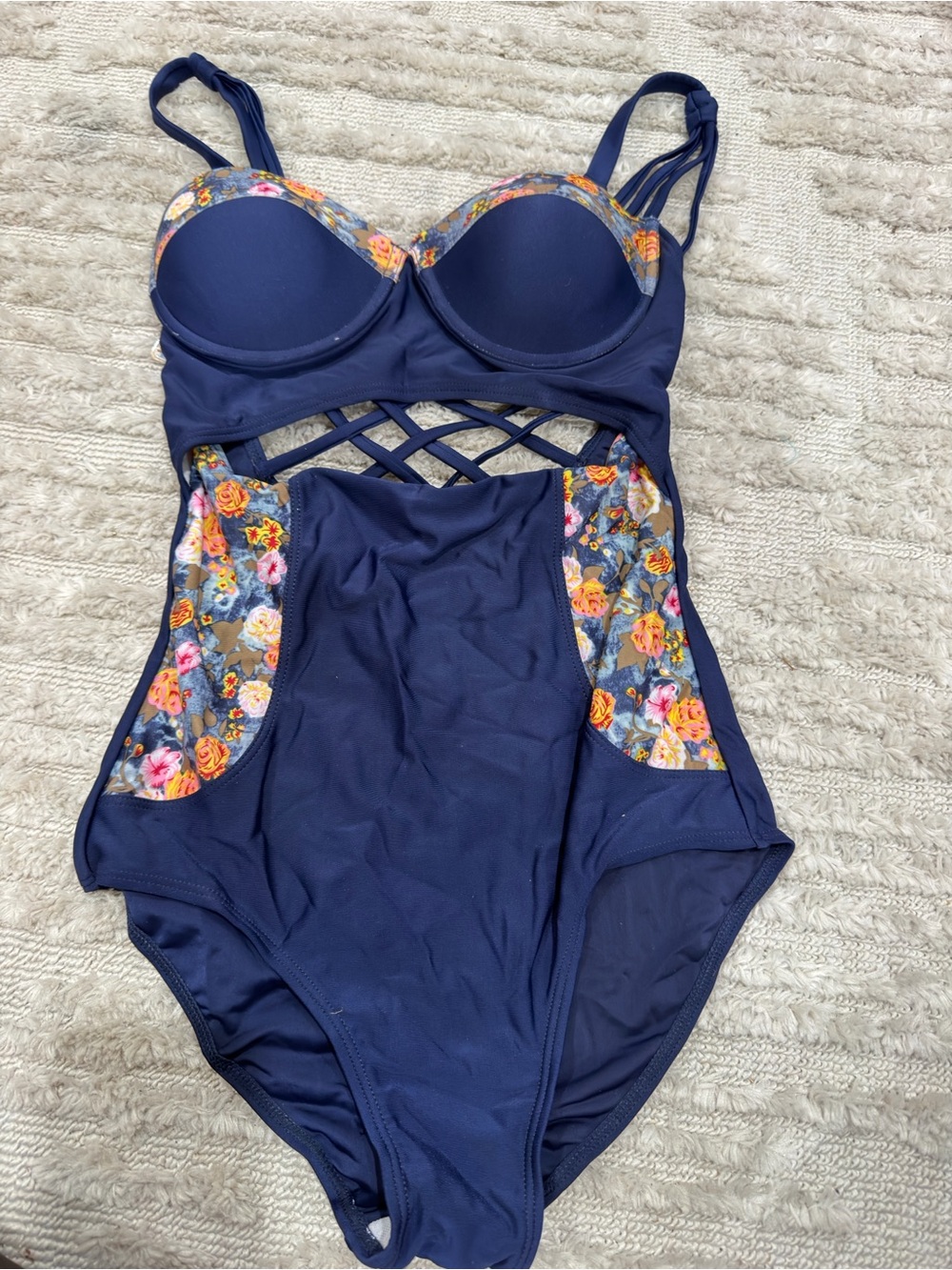 New Navy Floral Cutout One-Piece Kids Swim Suit